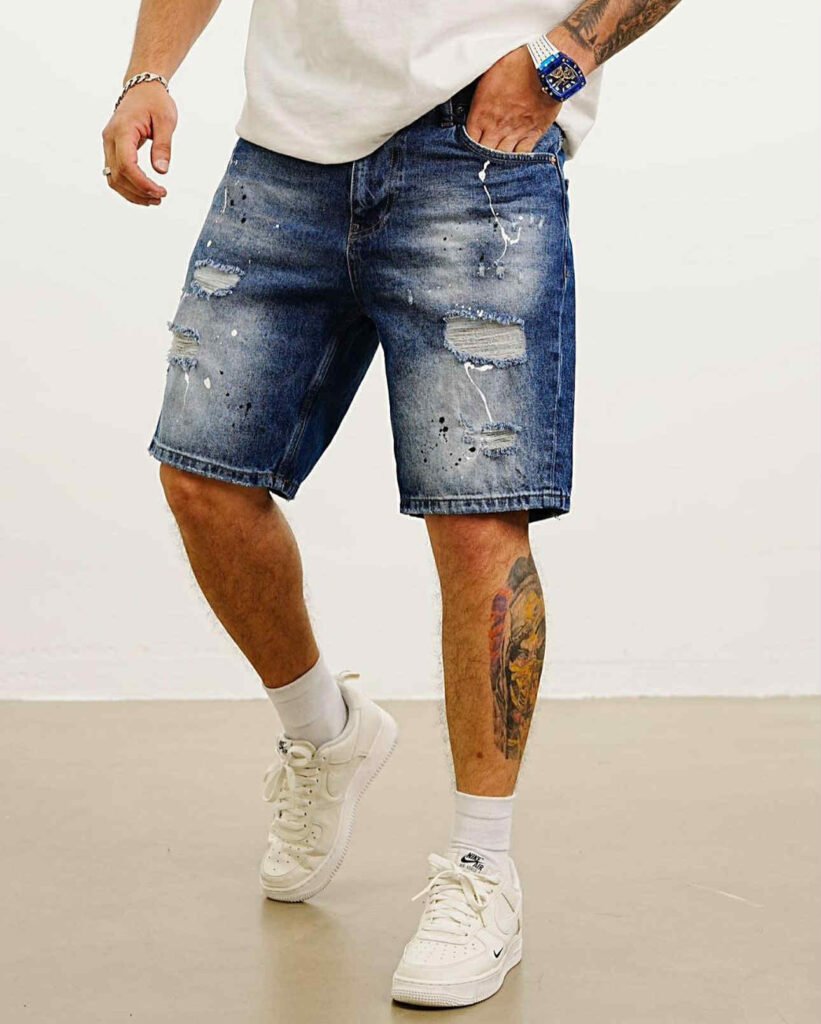 Men’s Distressed Denim Shorts – Mid-Wash Blue