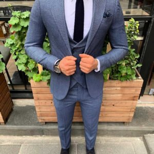 Men’s Blue Textured Three-Piece Suit Set