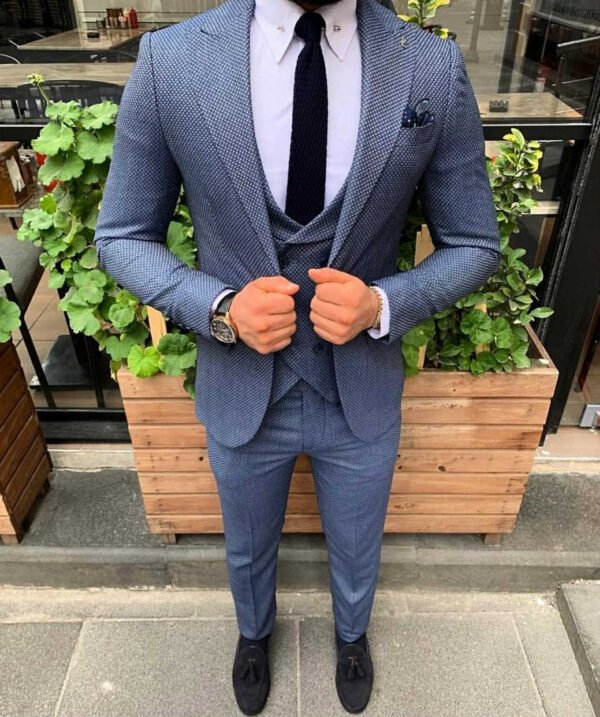 Men’s Blue Textured Three-Piece Suit Set
