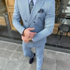 Men’s Light Blue Pinstripe Double-Breasted Suit Set