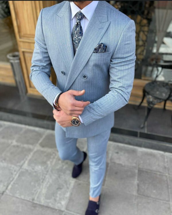 Men’s Light Blue Pinstripe Double-Breasted Suit Set