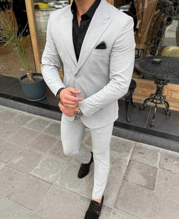 Men’s Light Grey Slim-Fit Single-Breasted Suit Set