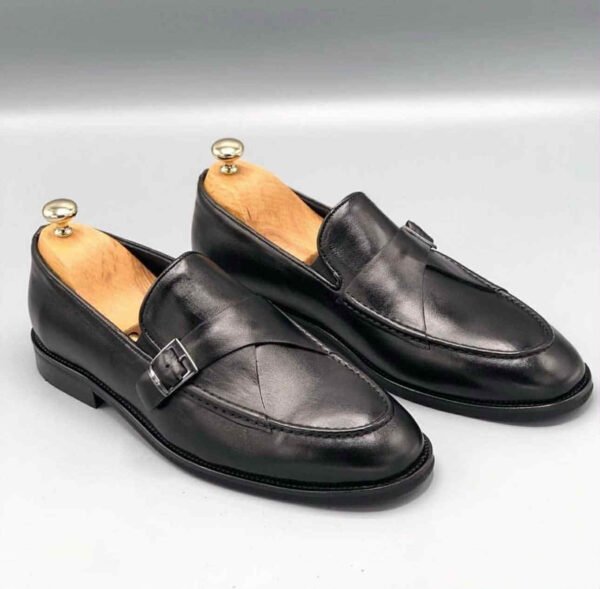 Men’s Black Leather Loafers with Side Buckle Detail