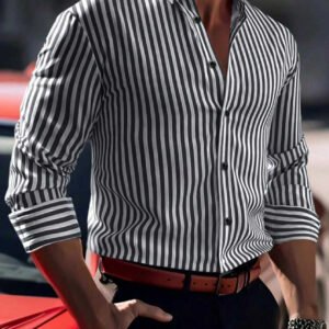 Men’s Slim Fit Black Striped Dress Shirt