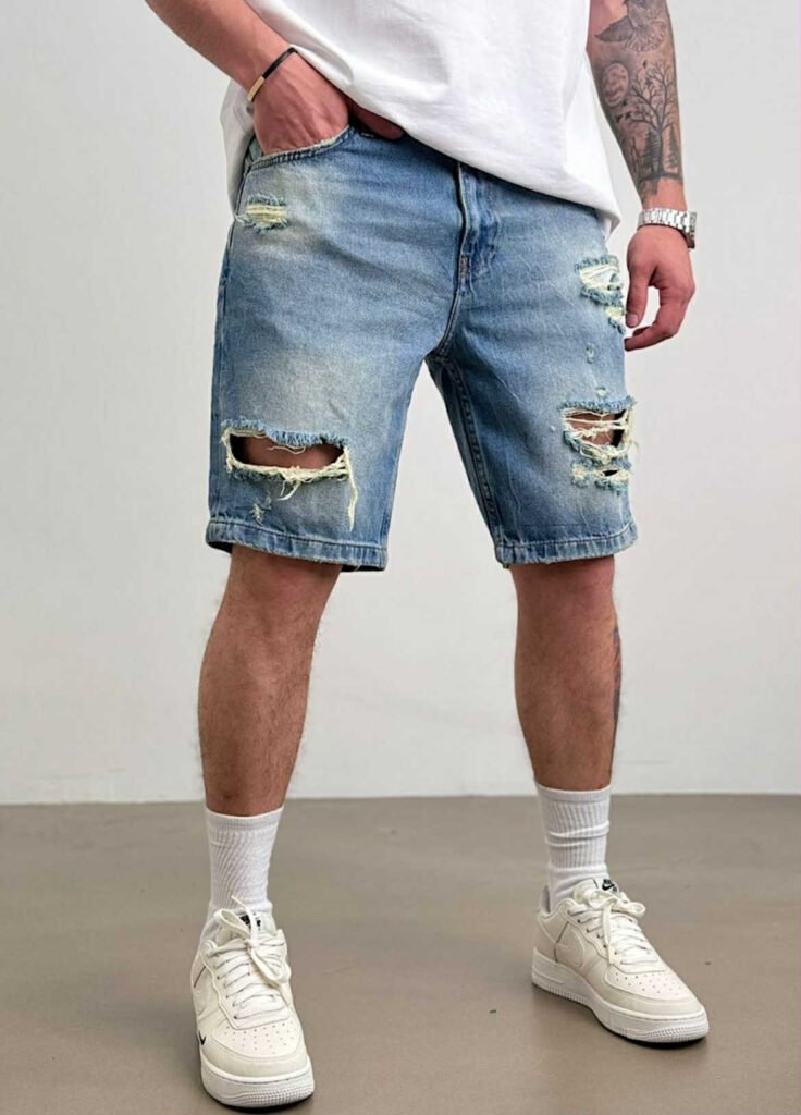 Men’s Light Blue Ripped Denim Shorts – Raw Edge Style