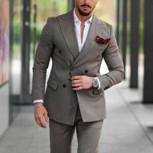 Men’s Taupe Double-Breasted Striped Suit Set