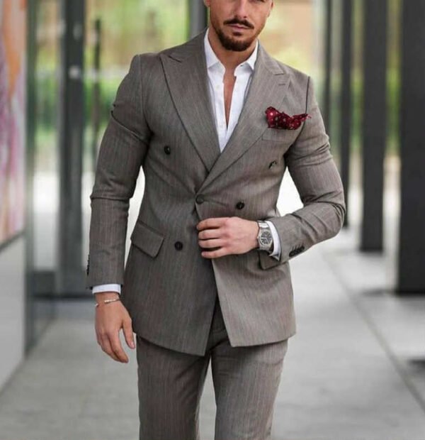 Men’s Taupe Double-Breasted Striped Suit Set