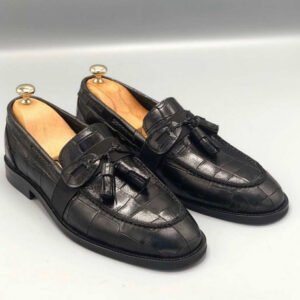Men’s Black Crocodile-Embossed Leather Tassel Loafers