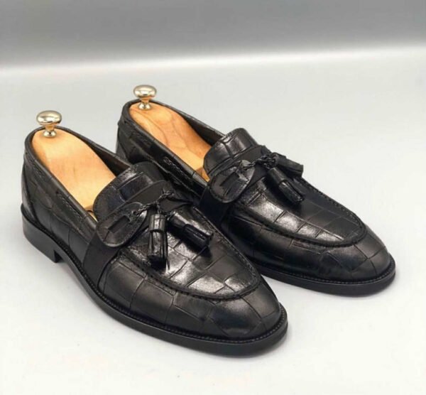 Men’s Black Crocodile-Embossed Leather Tassel Loafers