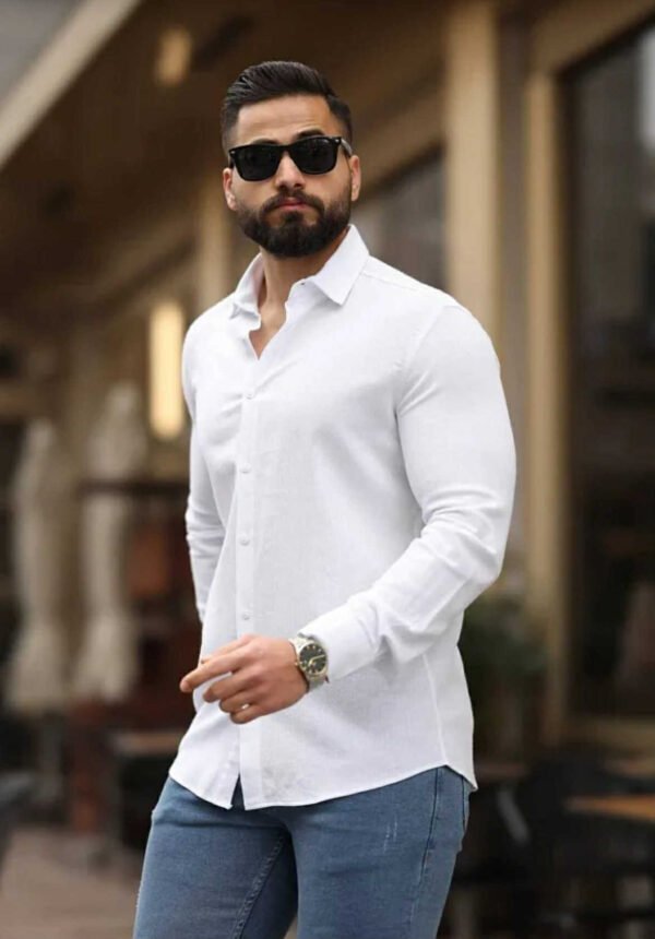 Men's White Mandarin Collar Slim Fit Shirt