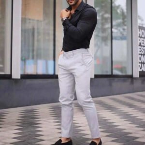 Men's Slim Fit Black Shirt & Light Grey Cropped Trouser Set