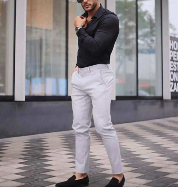 Men's Slim Fit Black Shirt & Light Grey Cropped Trouser Set