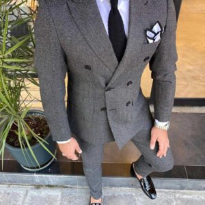 Kostum me Teksturë me Palosje të Dyfishtë ngjyrë Gri e Errët