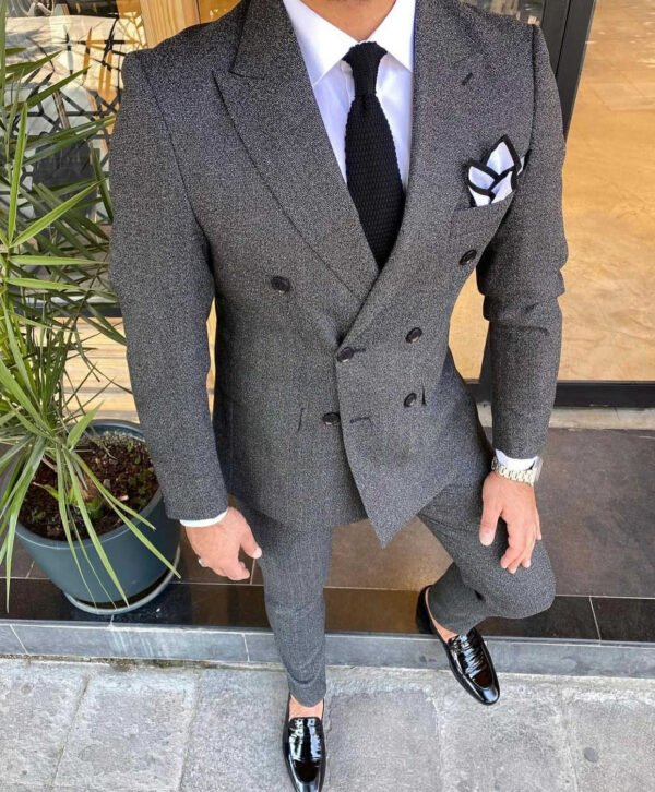 Men’s Charcoal Textured Double-Breasted Suit Set