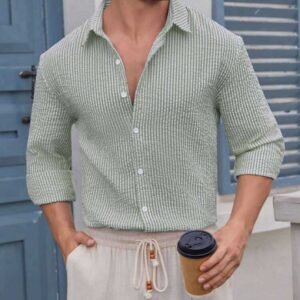Light Green Striped Textured Short-Sleeve Shirt