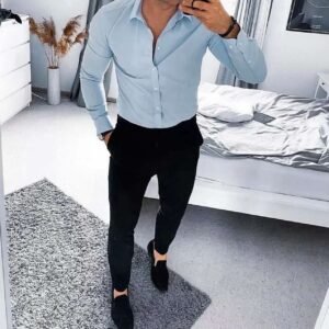 Men's Light Blue Dress Shirt with Black Trousers