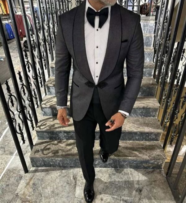 Men’s Charcoal Tuxedo with Black Shawl Lapel – Textured Formal Blazer