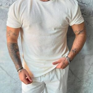 Men’s White Ribbed Knit Short Sleeve Tee