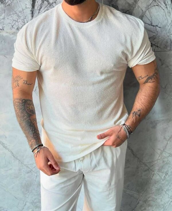 Men’s White Ribbed Knit Short Sleeve Tee