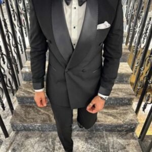 Men’s Black Double-Breasted Tuxedo with Shawl Satin Lapel