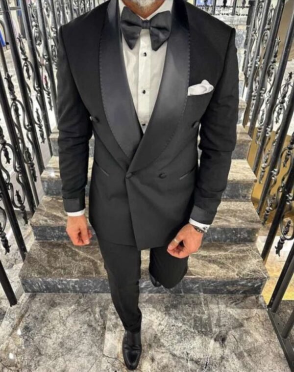 Men’s Black Double-Breasted Tuxedo with Shawl Satin Lapel