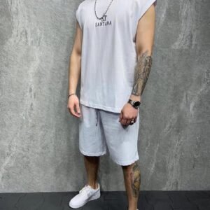 Men's Santana White Sleeveless Tracksuit Set