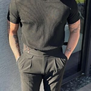 Men's Elegant Ribbed Knit Tee & High-Waisted Pleated Trousers Set