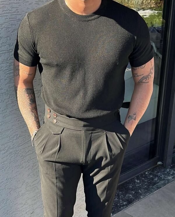 Men's Elegant Ribbed Knit Tee & High-Waisted Pleated Trousers Set