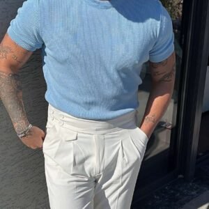 Men’s Bold Blue Ribbed Knit Tee & High-Waisted Pleated Trousers Set