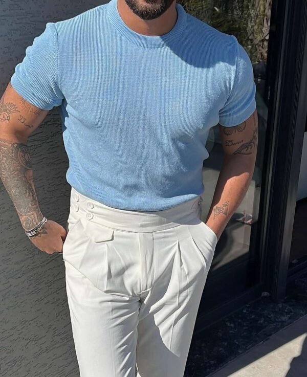 Men’s Bold Blue Ribbed Knit Tee & High-Waisted Pleated Trousers Set