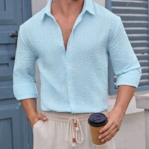 Light Blue Striped Textured Short-Sleeve