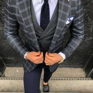 Men’s Elegant 3-Piece Plaid Suit with Vest – Navy & Charcoal Style Ensemble