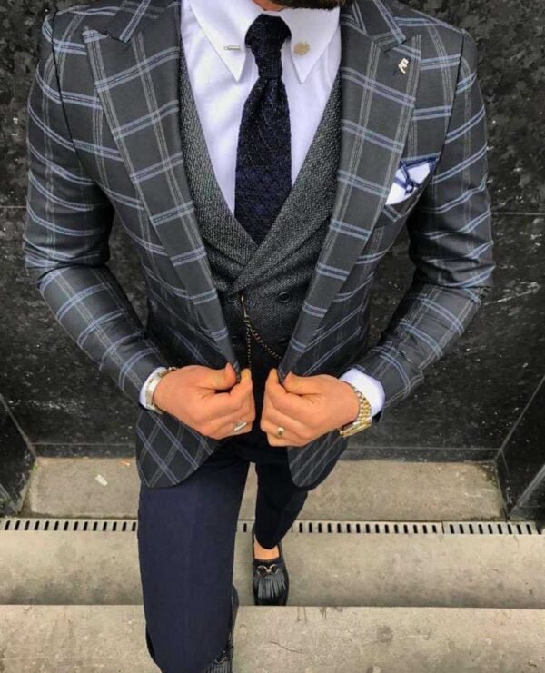 Men’s Elegant 3-Piece Plaid Suit with Vest – Navy & Charcoal Style Ensemble
