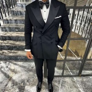 Men’s Elegant Double-Breasted Tuxedo with Satin Peak Lapels – Black