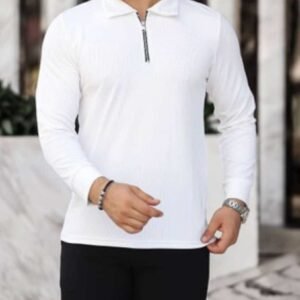 Bluzë Polo e Bardhë me Mëngë të Gjata dhe Gjysmë-zinxhir