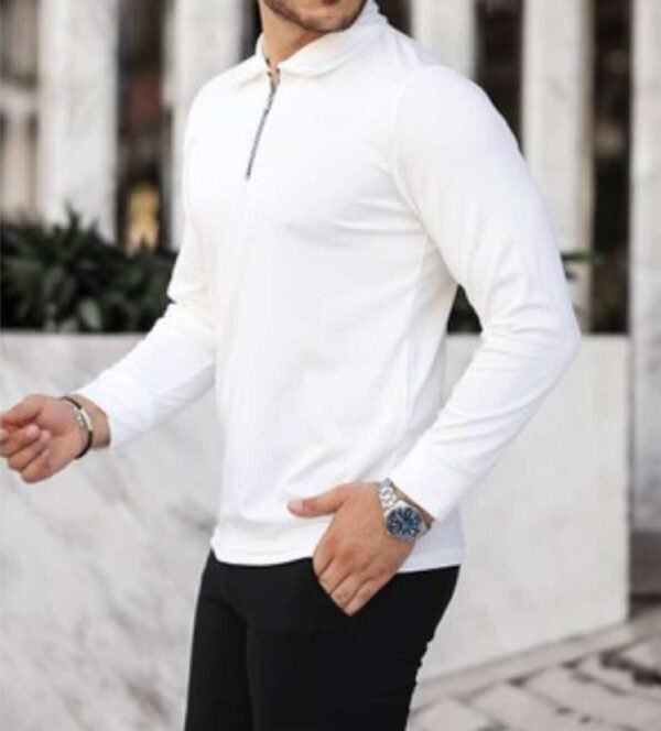 Bluzë Polo e Bardhë me Mëngë të Gjata dhe Gjysmë-zinxhir