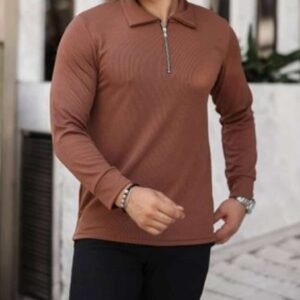 Bluzë Polo Kafe me Mëngë të Gjata dhe Gjysmë-zinxhir