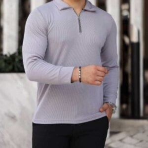 Bluzë Polo Gri me Mëngë të Gjata dhe Gjysmë-zinxhir