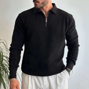 Bluzë Meshkujsh me Jakë dhe Zinxhir Elegant – Ngjyrë e Zezë