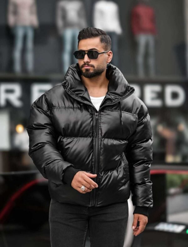 Xhaketë Puffer Oversize Lëkure e Zezë për Meshkuj