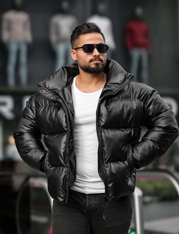 Xhaketë Puffer Oversize Lëkure e Zezë për Meshkuj