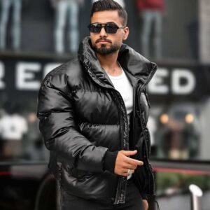 Xhaketë Puffer Oversize Lëkure e Zezë për Meshkuj