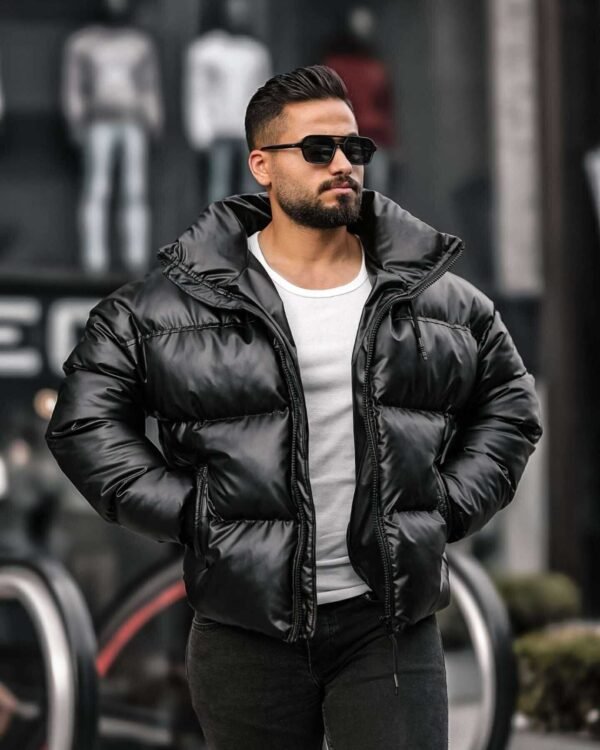 Xhaketë Puffer Oversize Lëkure e Zezë për Meshkuj