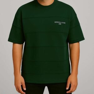 Maicë Oversize Jeshile e Errët me Vija Horizontale dhe Print Minimal