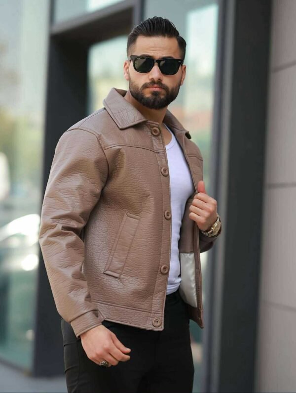 Xhaketë me Efekte Lëkure për Meshkuj – Ngjyrë Kafe e Çelur, Stil Klasik & Modern