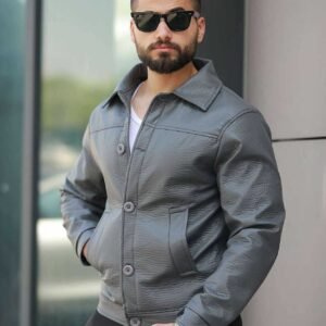 Xhaketë me Efekte Lëkure për Meshkuj – Ngjyrë Gri Elegante, Stil Modern & Minimalist