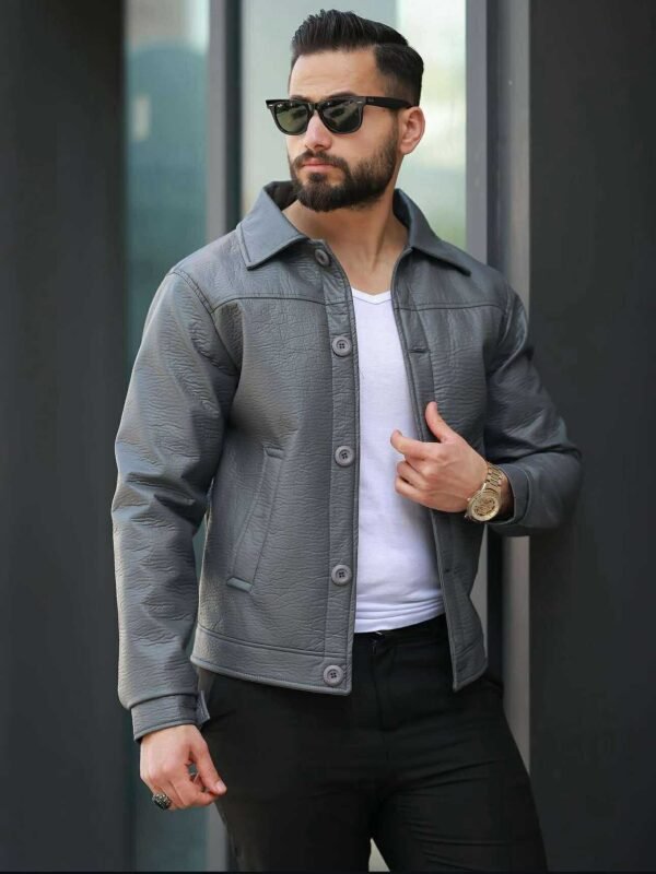 Xhaketë me Efekte Lëkure për Meshkuj – Ngjyrë Gri Elegante, Stil Modern & Minimalist