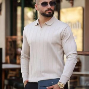 Bluzë Polo me Mëngë të Gjata – Ngjyrë Bezh me Vija Delikate