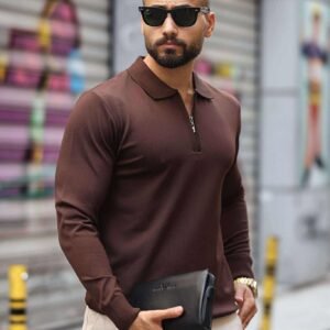 Bluzë Polo me Zip – Ngjyrë Kafe e Errët