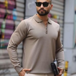 Bluzë Polo me Zip – Ngjyrë Kafe e Çelët